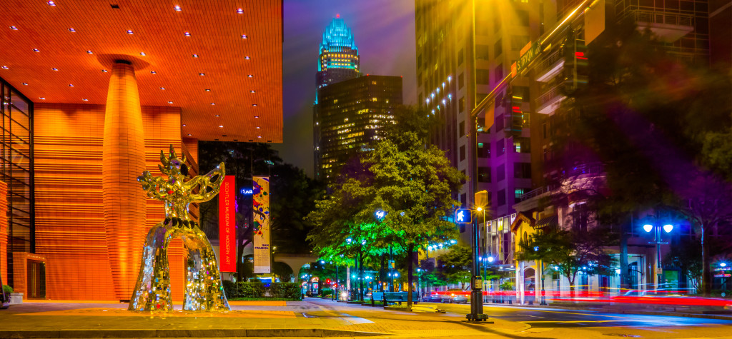 night time on streets of charlotte north carolina